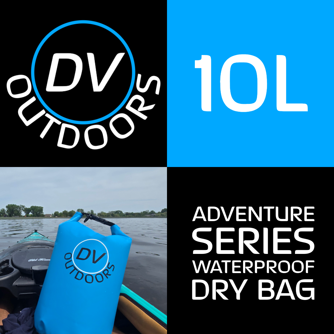 DV Outdoors Adventure Series 10L waterproof dry bag for kayaking, boating, camping, hiking, and outdoor gear protection.