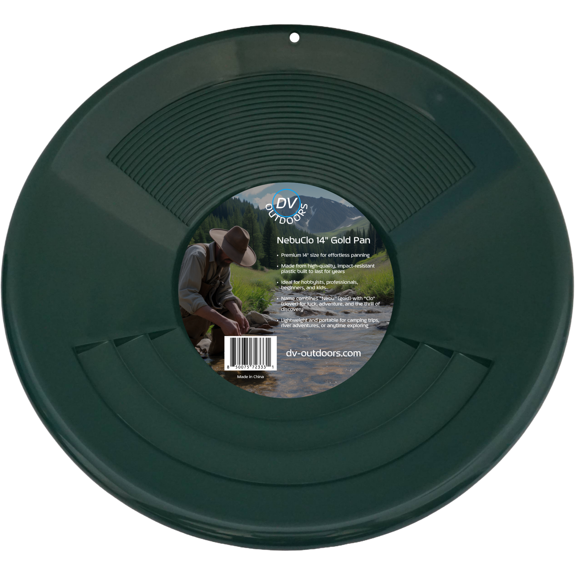NubuClo 14 inch gold pan with product label and interior view.
