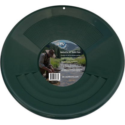 NubuClo 14 inch gold pan with product label and interior view.
