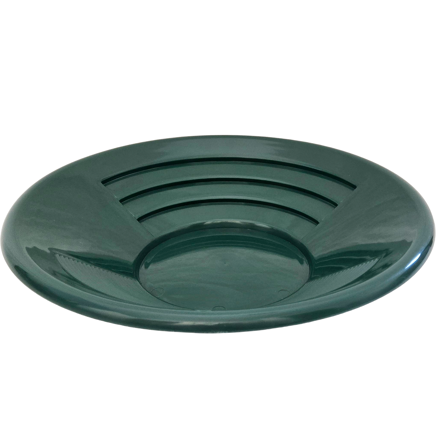 Angled view of DV Outdoors NubuClo gold pan showing riffle design for gold recovery.
