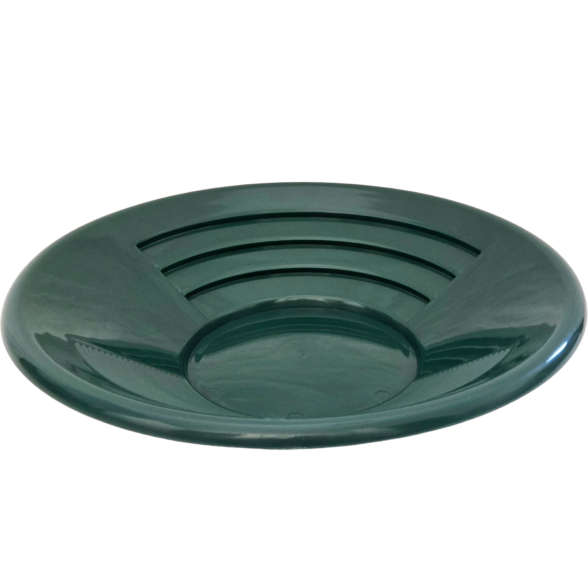 Angled view of DV Outdoors NubuClo gold pan showing riffle design for gold recovery.

