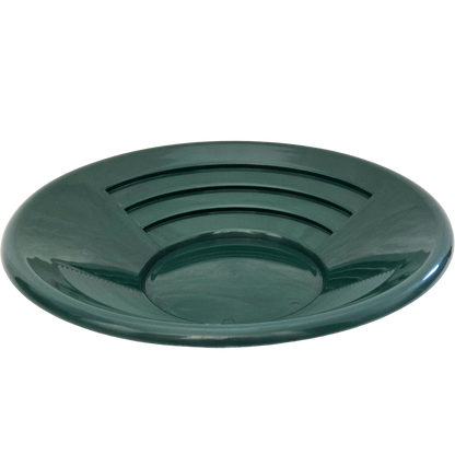 Angled view of DV Outdoors NubuClo gold pan showing riffle design for gold recovery.
