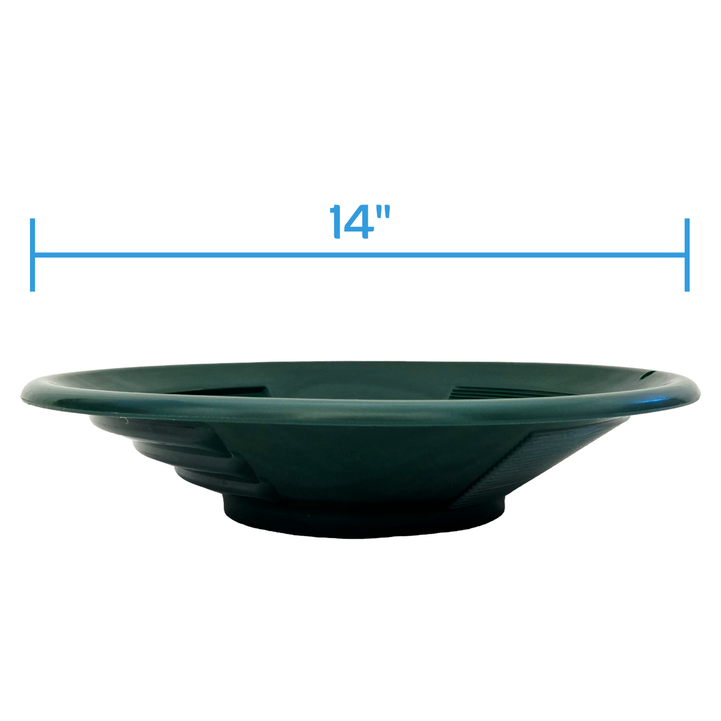 Side profile of DV Outdoors NubuClo gold pan showing 14 inch diameter dimensions.
