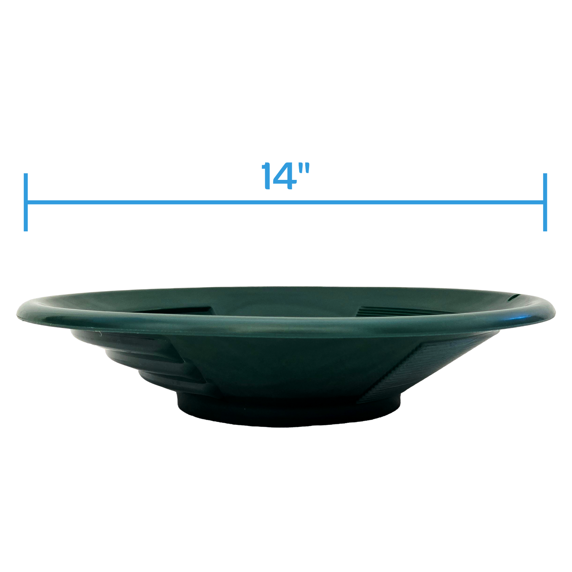 Side profile of DV Outdoors NubuClo gold pan showing 14 inch diameter dimensions.
