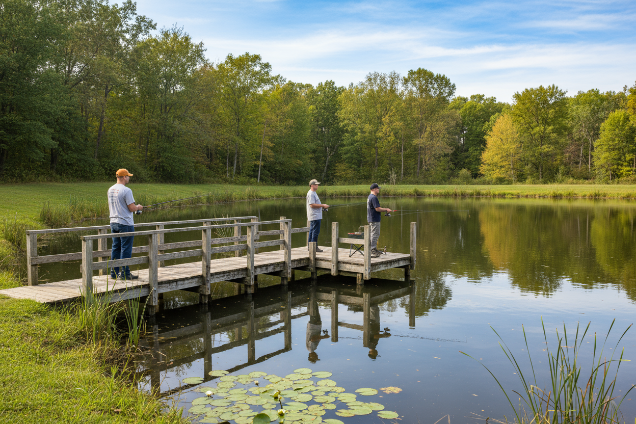 Three people fishing from a wooden dock on a calm lake surrounded by trees.