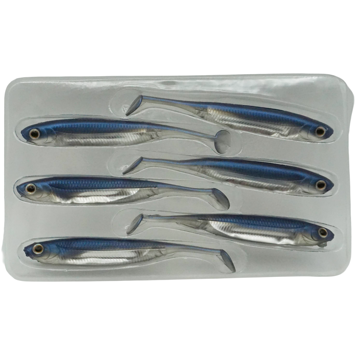 RippleSurge 3 inch soft plastic minnow lure six-pack in silver baitfish color pattern.
