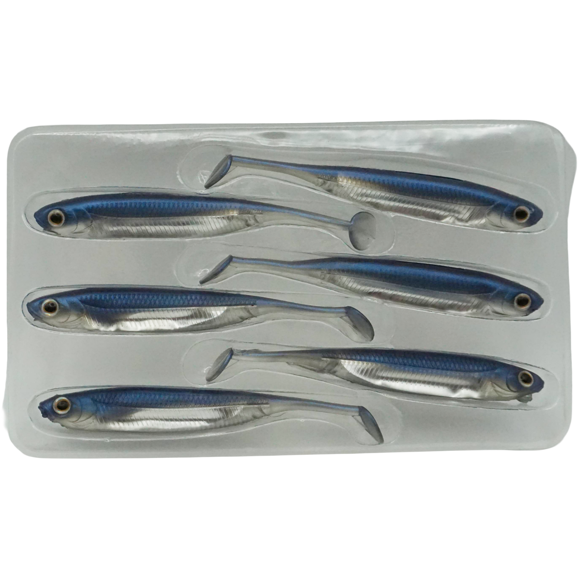 RippleSurge 3 inch soft plastic minnow lure six-pack in silver baitfish color pattern.
