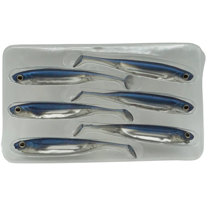RippleSurge 3 inch soft plastic minnow lure six-pack in silver baitfish color pattern.
