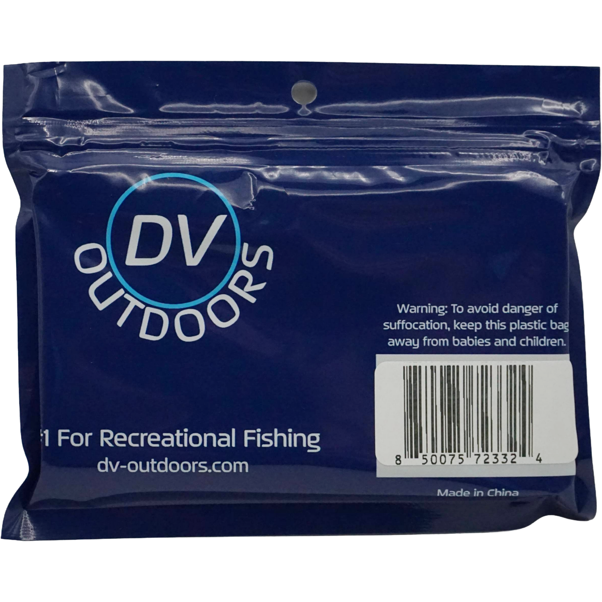 DV Outdoors fishing lure package back view with barcode and product information. UPC 850075723324
