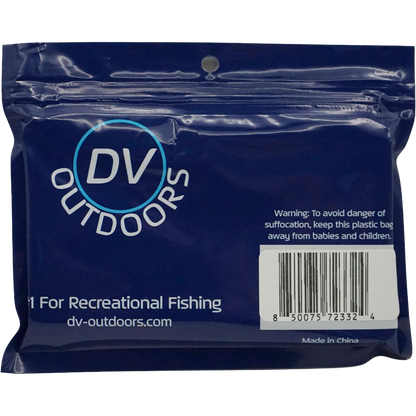 DV Outdoors fishing lure package back view with barcode and product information. UPC 850075723324
