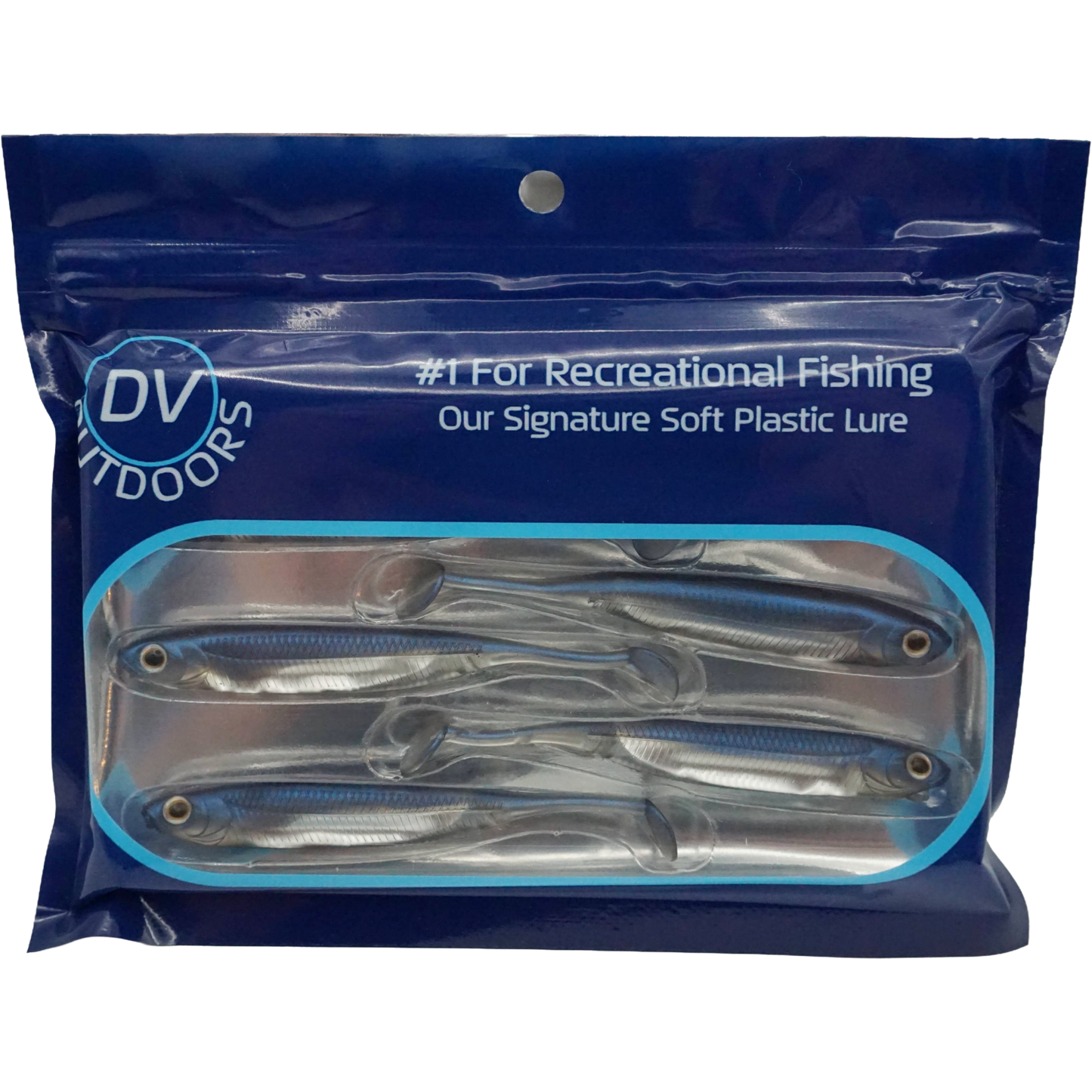 DV Outdoors blue & silver paddle tail fishing lures in retail package front view.

