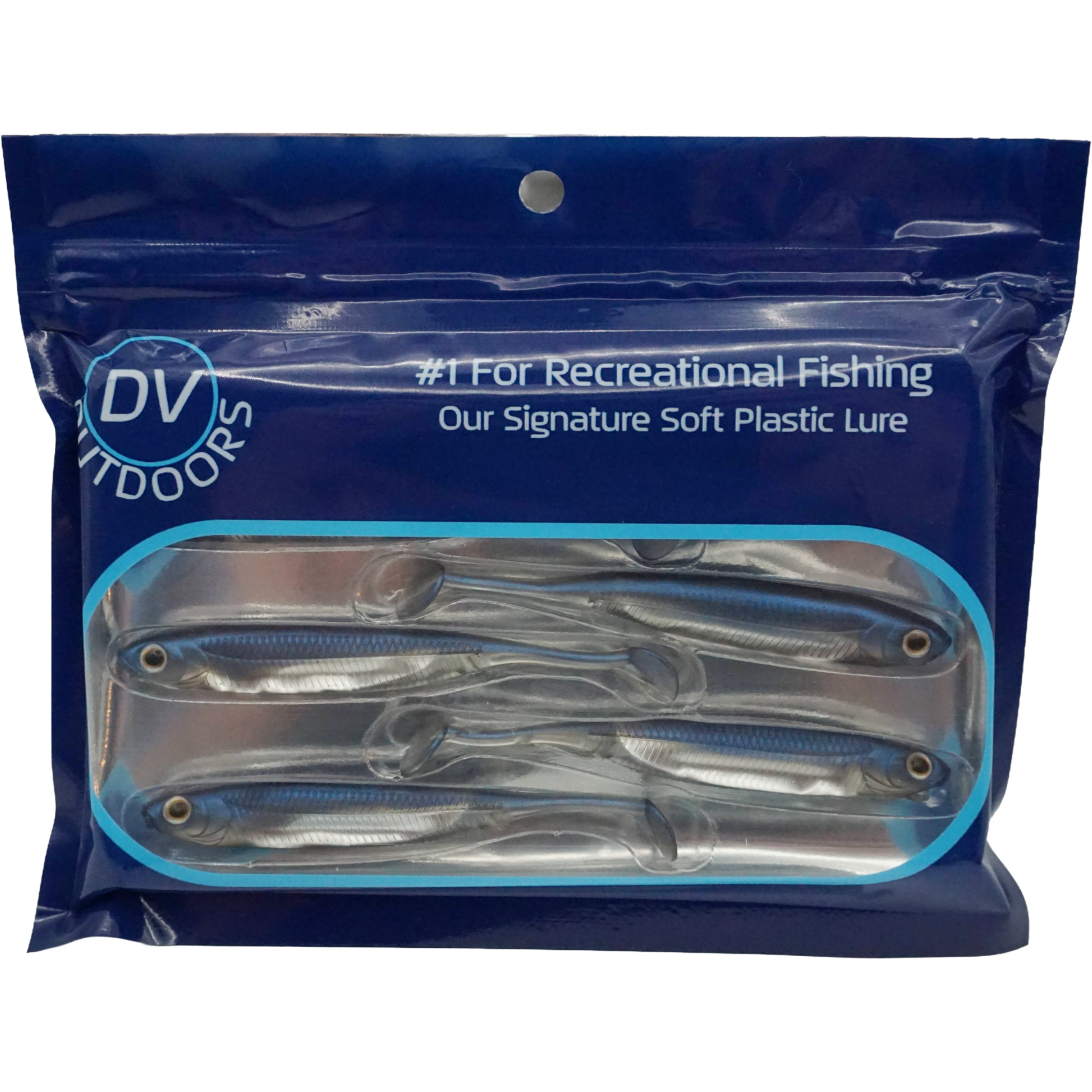 DV Outdoors blue & silver paddle tail fishing lures in retail package front view.
