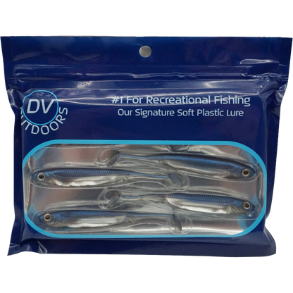 DV Outdoors blue & silver paddle tail fishing lures in retail package front view.
