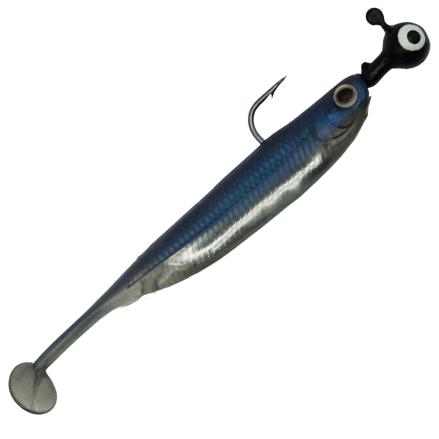 Silver & blue paddle tail fishing lure rigged on jig head for bass, walleye, and crappie fishing.
