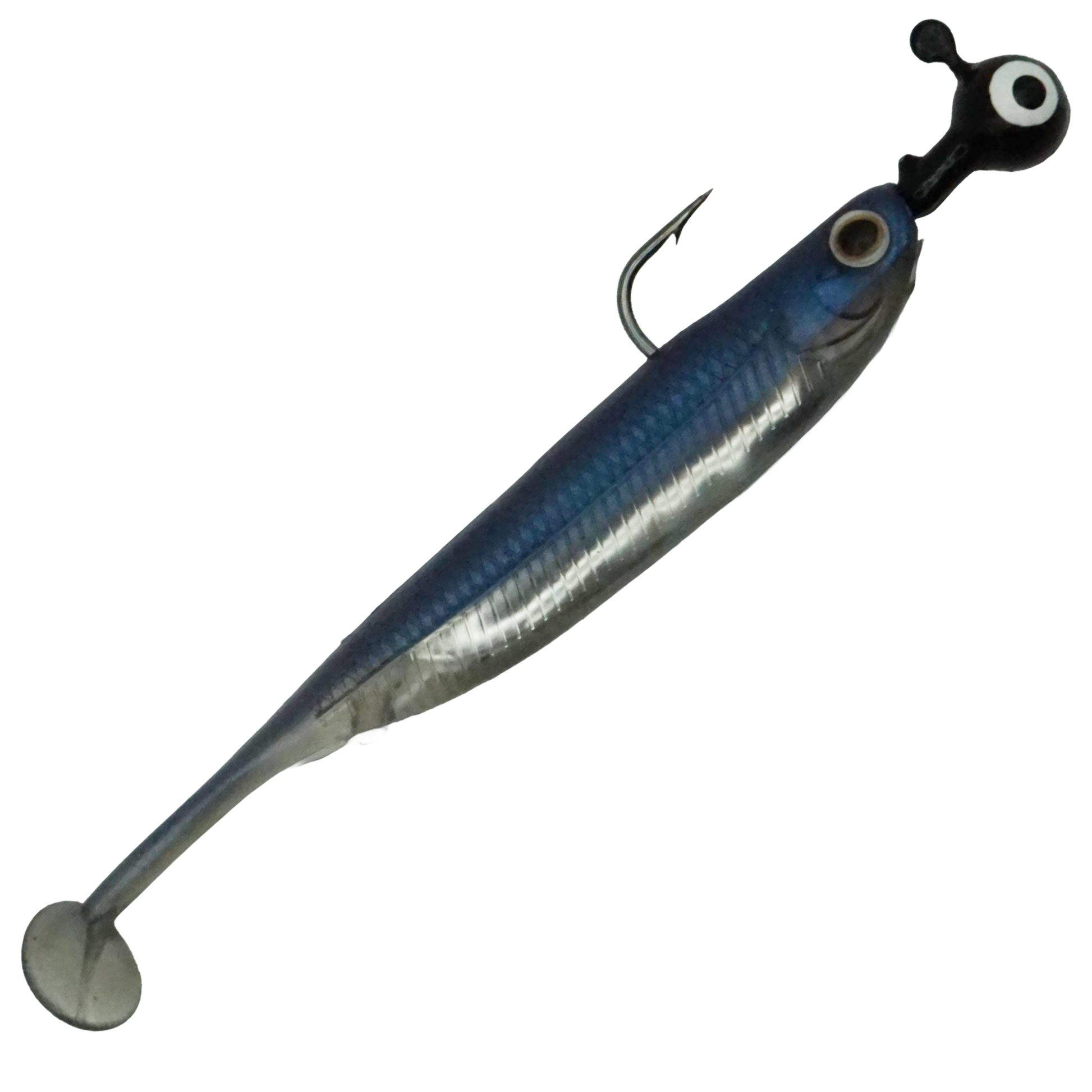 Silver & blue paddle tail fishing lure rigged on jig head for bass, walleye, and crappie fishing.
