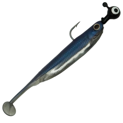 Silver & blue paddle tail fishing lure rigged on jig head for bass, walleye, and crappie fishing.
