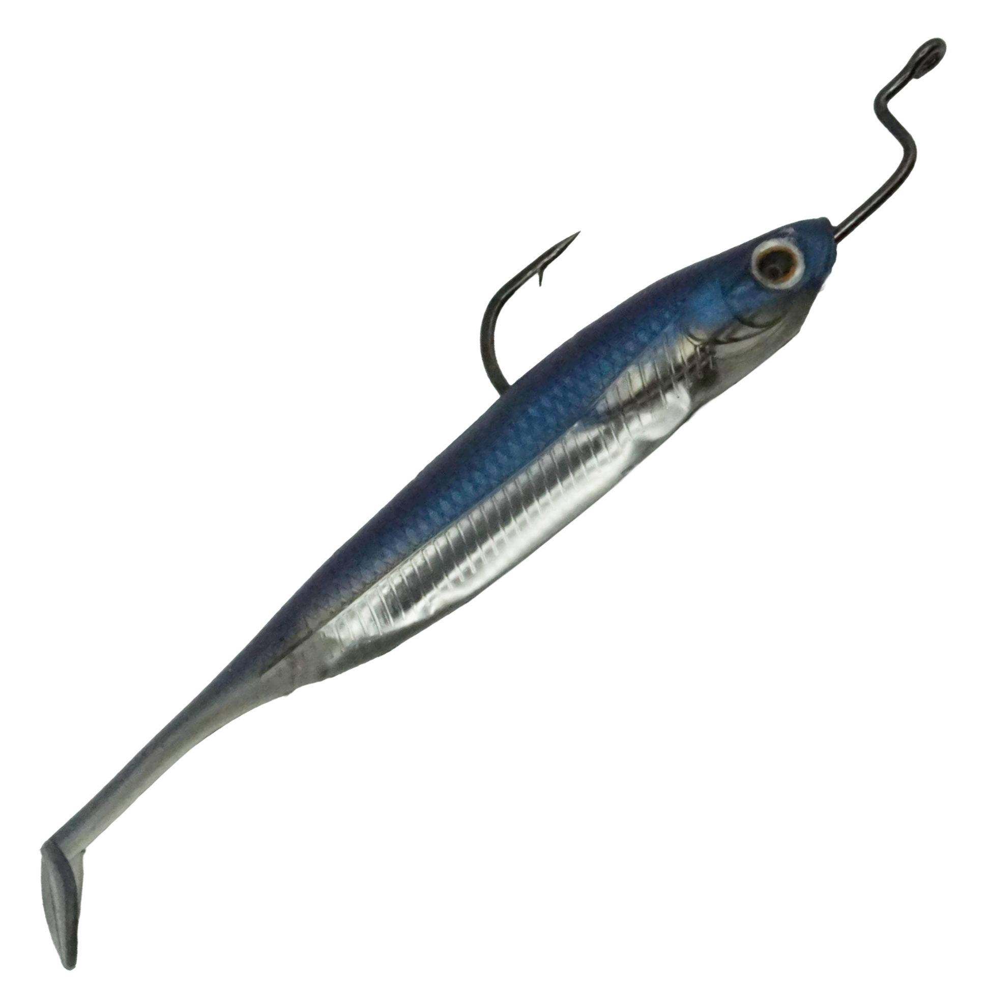 Silver and blue soft plastic paddle tail lure with hook and jig head for realistic baitfish presentation.
