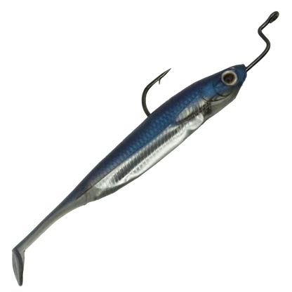 Silver and blue soft plastic paddle tail lure with hook and jig head for realistic baitfish presentation.
