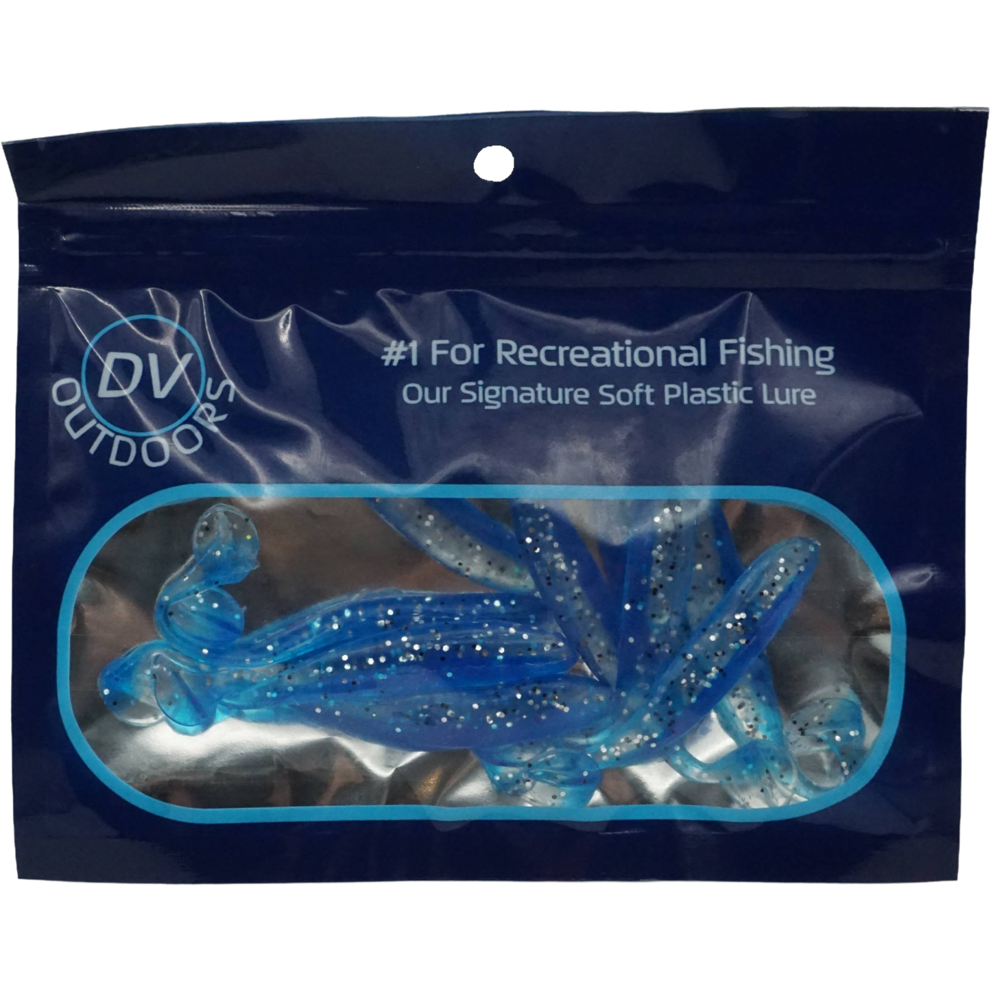 Packaging of DV Outdoors soft plastic lures with a clear window showing the 10 blue lures.