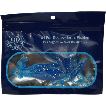 Packaging of DV Outdoors soft plastic lures with a clear window showing the 10 blue lures.