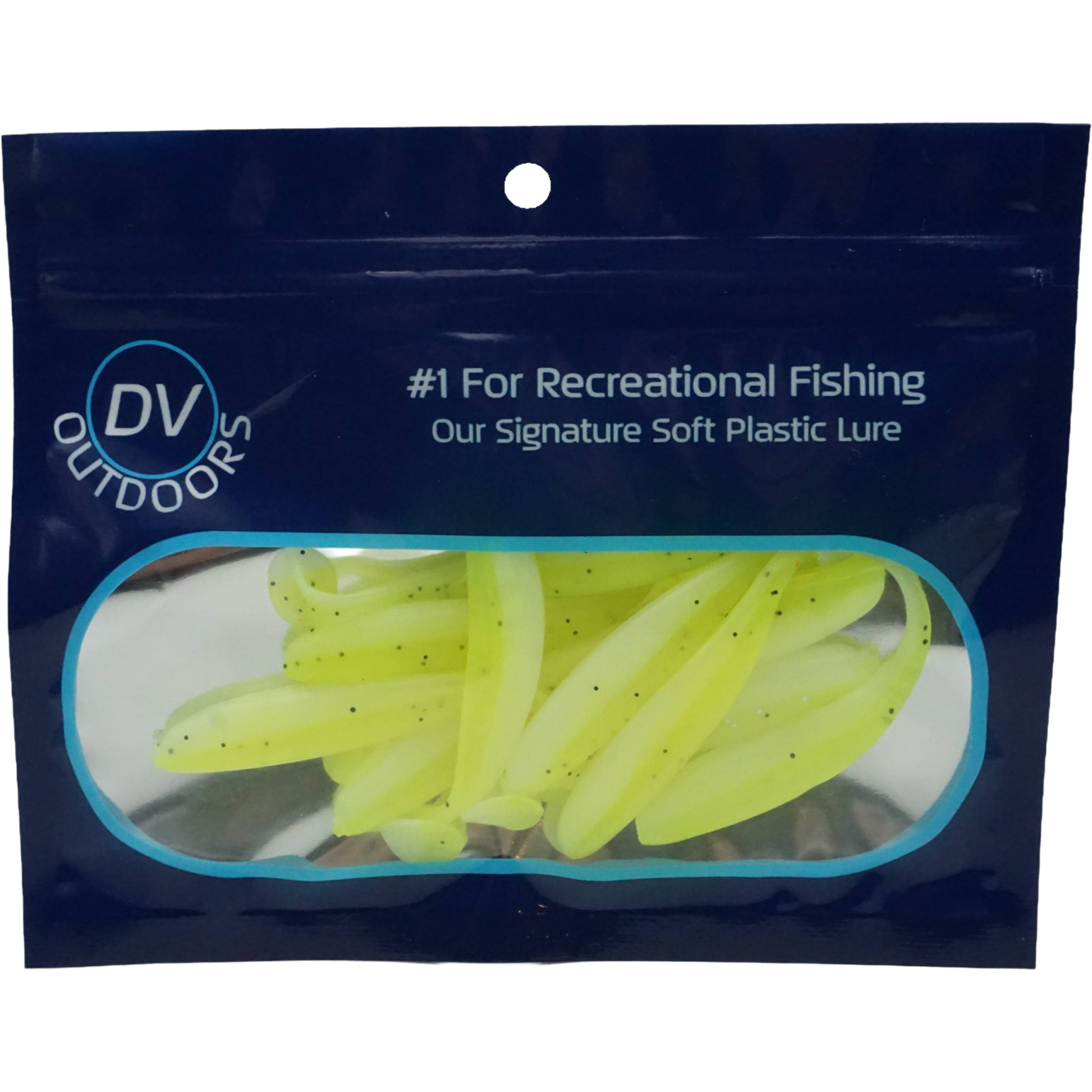 Packaging of DV Outdoors soft plastic lures with a clear window showing the 10 yellow lures.