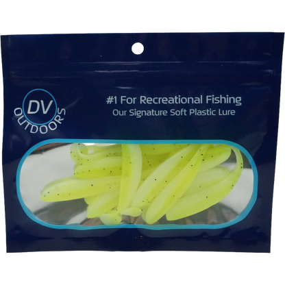 Packaging of DV Outdoors soft plastic lures with a clear window showing the 10 yellow lures.