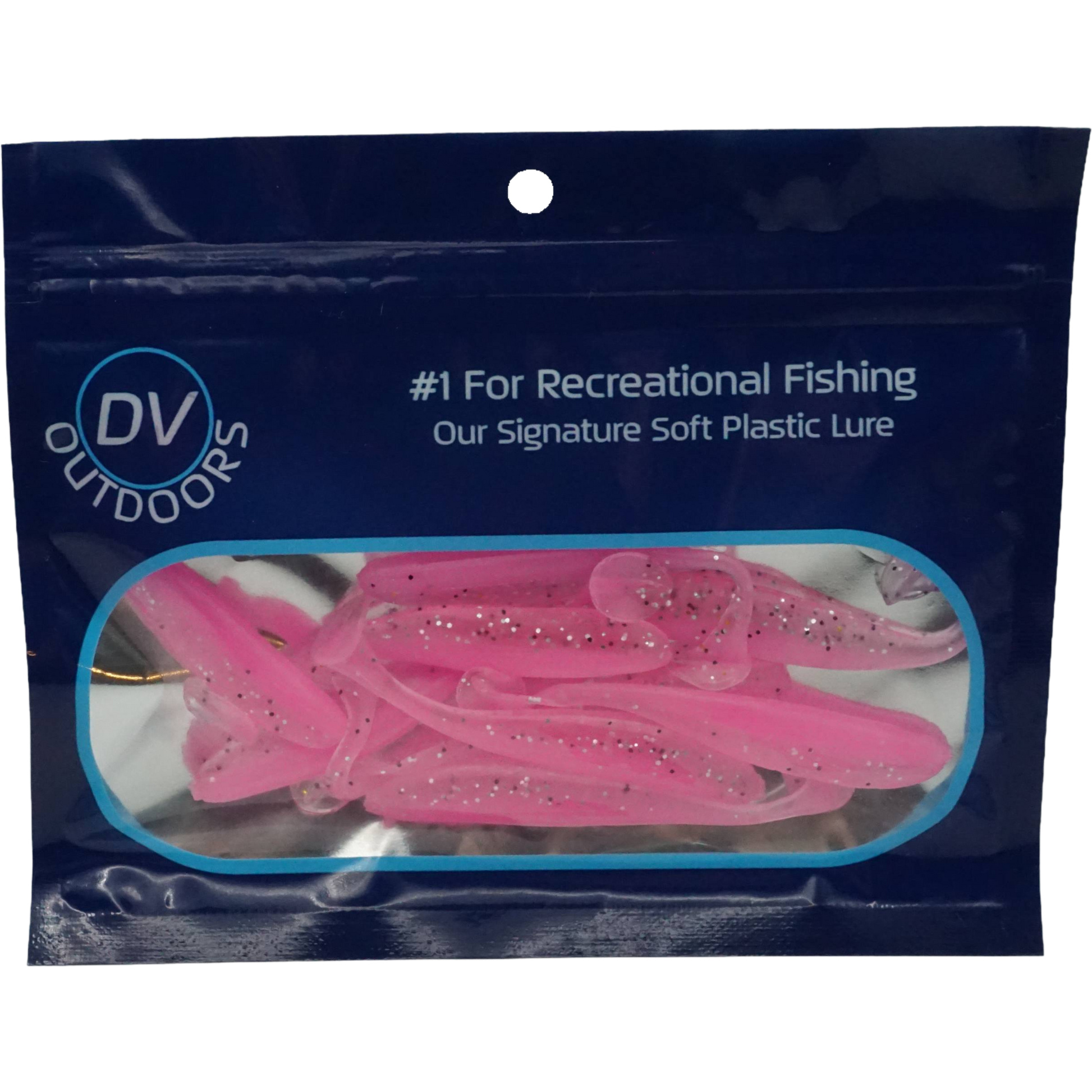 Packaging of DV Outdoors soft plastic lures with a clear window showing the 10 pink lures.