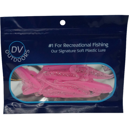 Packaging of DV Outdoors soft plastic lures with a clear window showing the 10 pink lures.