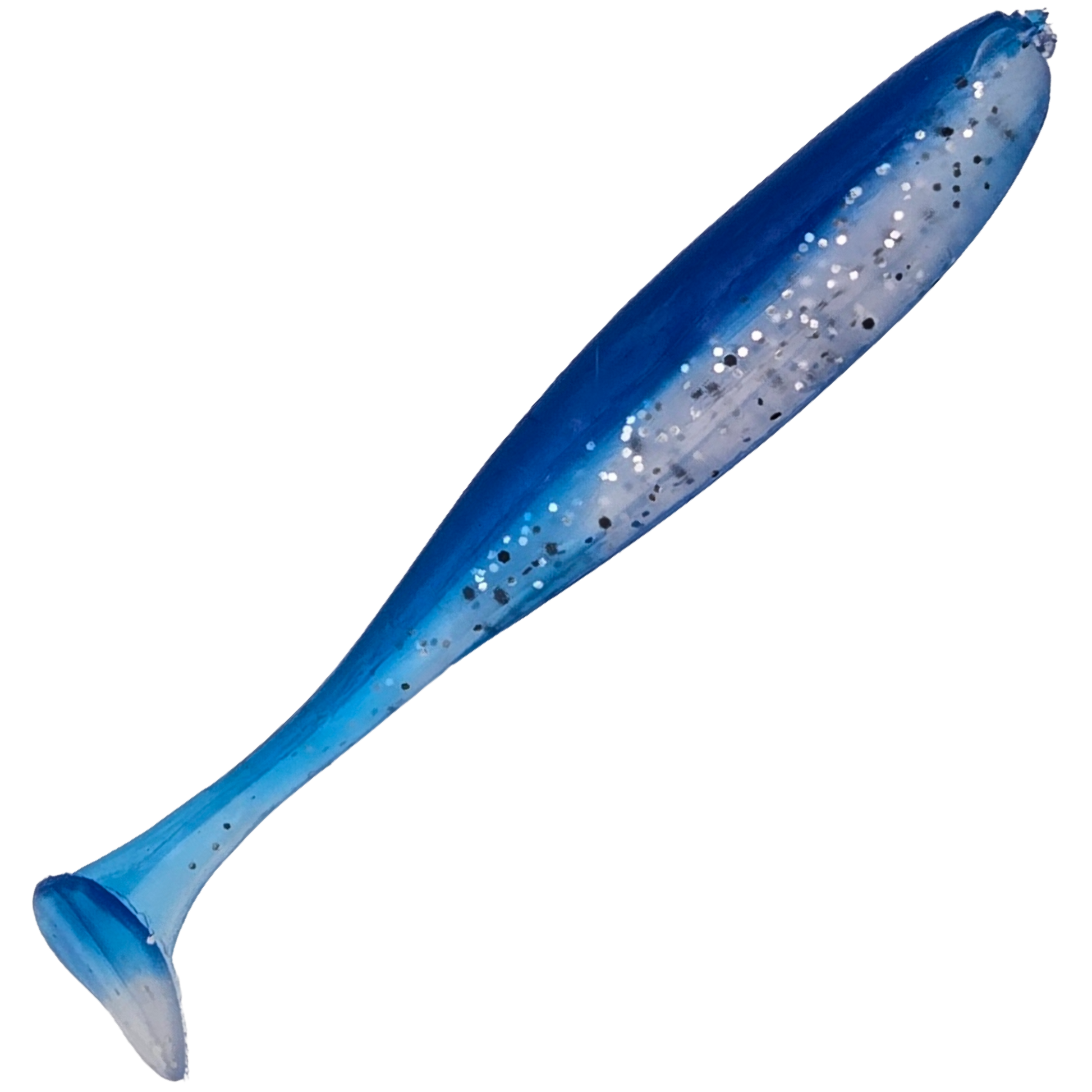 Blue paddle tail fishing lure with glittery texture