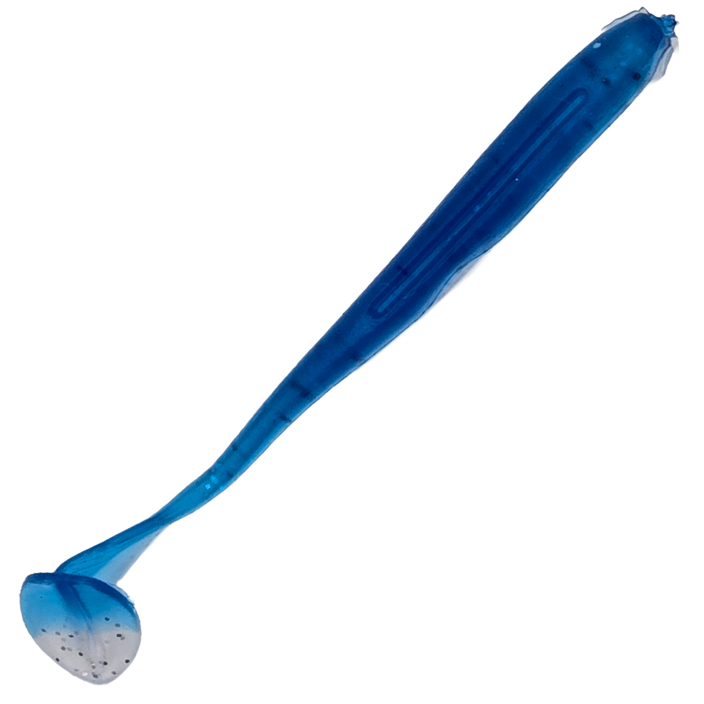 Blue paddle tail lure top view with slot for offset round bend hook