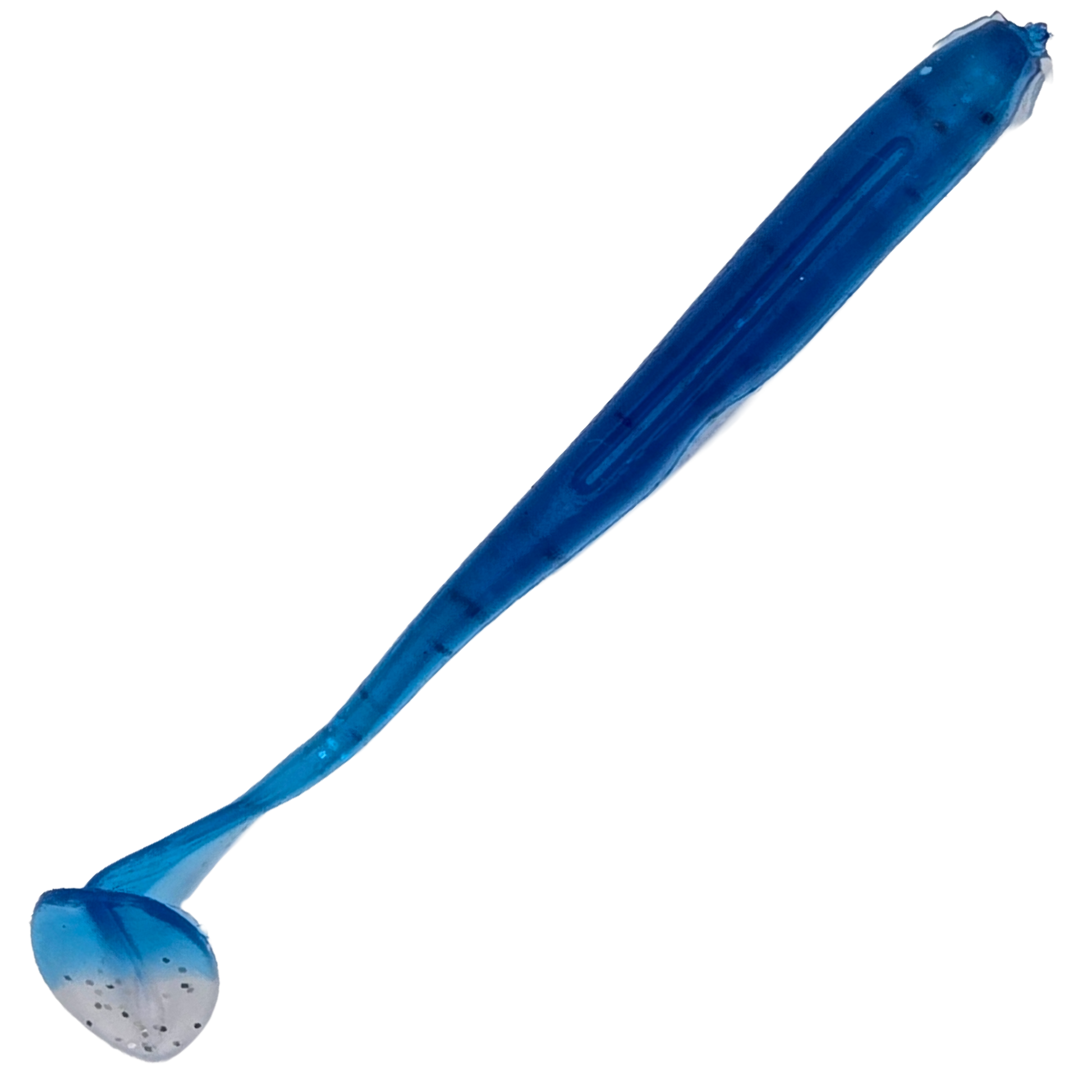 Blue paddle tail lure top view with slot for offset round bend hook