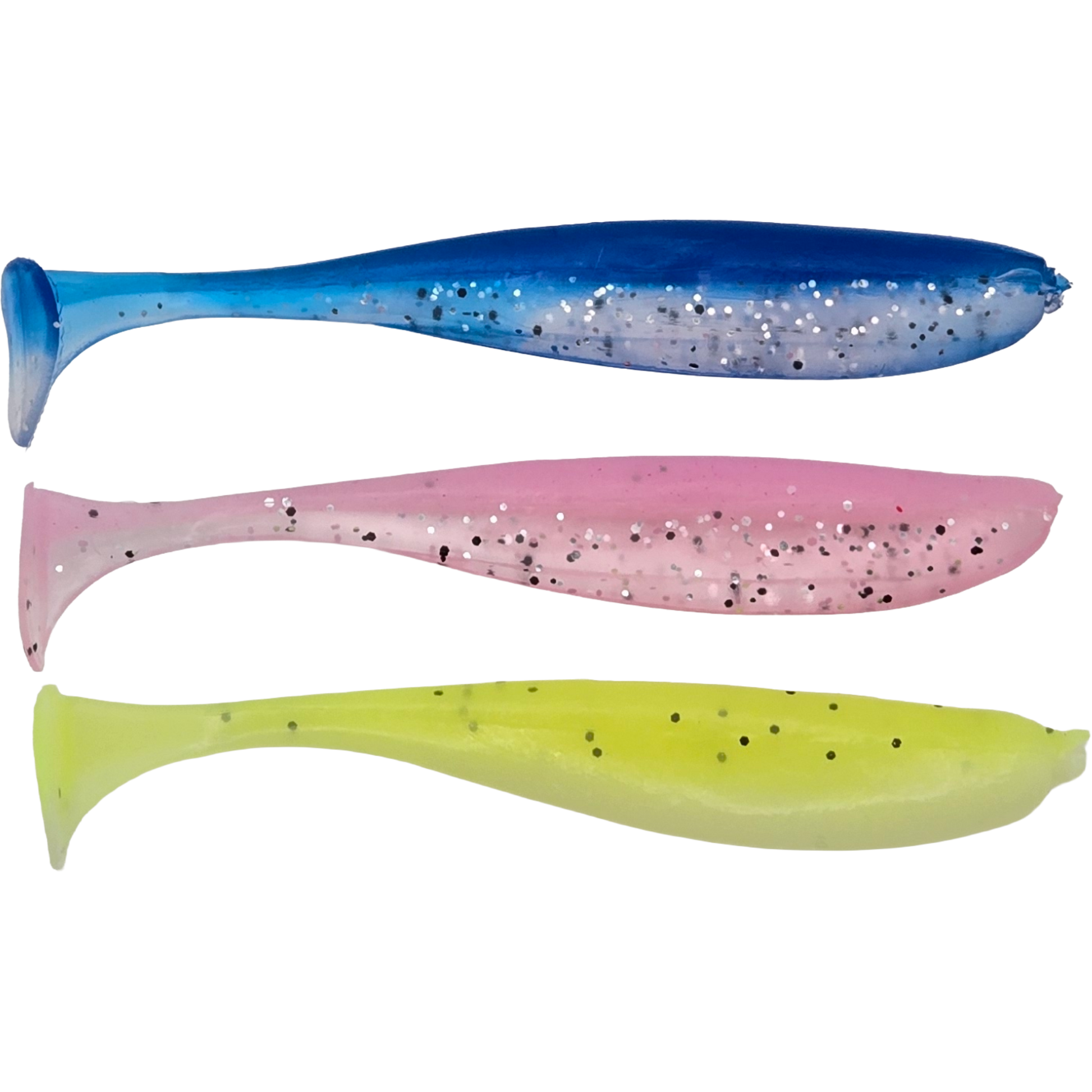 Three colorful paddle tail fishing lures available for sale