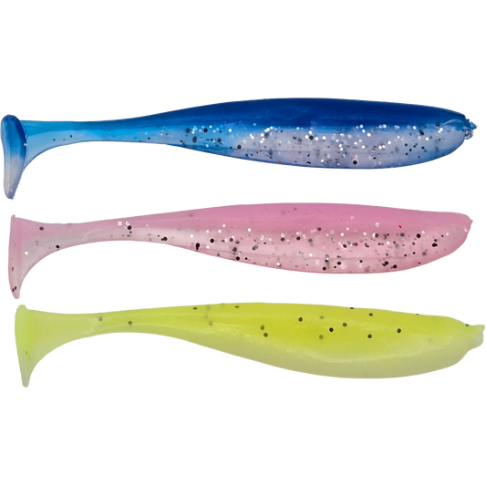 Three colorful paddle tail fishing lures available for sale