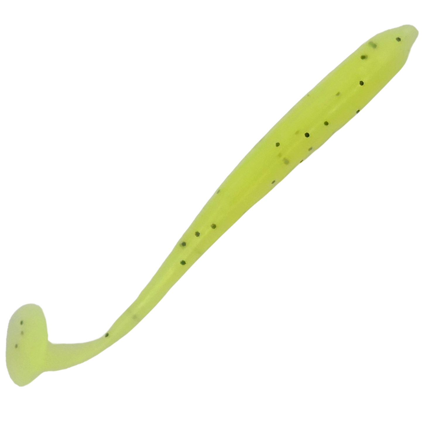 Yellow paddle tail lure top view with slot for offset round bend hook