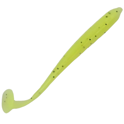 Yellow paddle tail lure top view with slot for offset round bend hook
