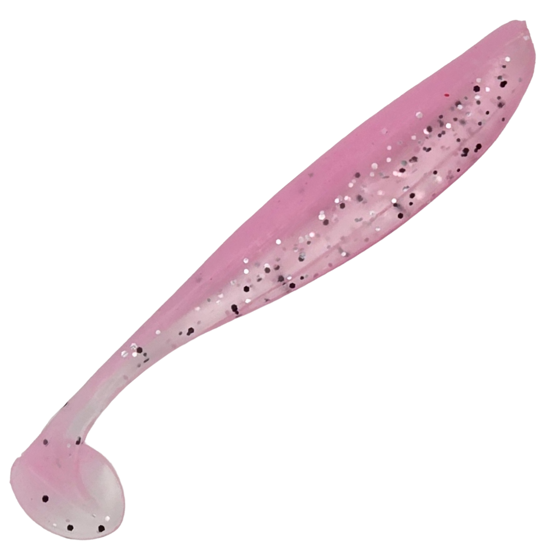Pink paddle tail fishing lure with glittery speckles