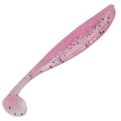 Pink paddle tail fishing lure with glittery speckles