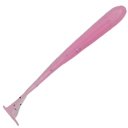 Pink paddle tail lure top view with slot for offset round bend hook