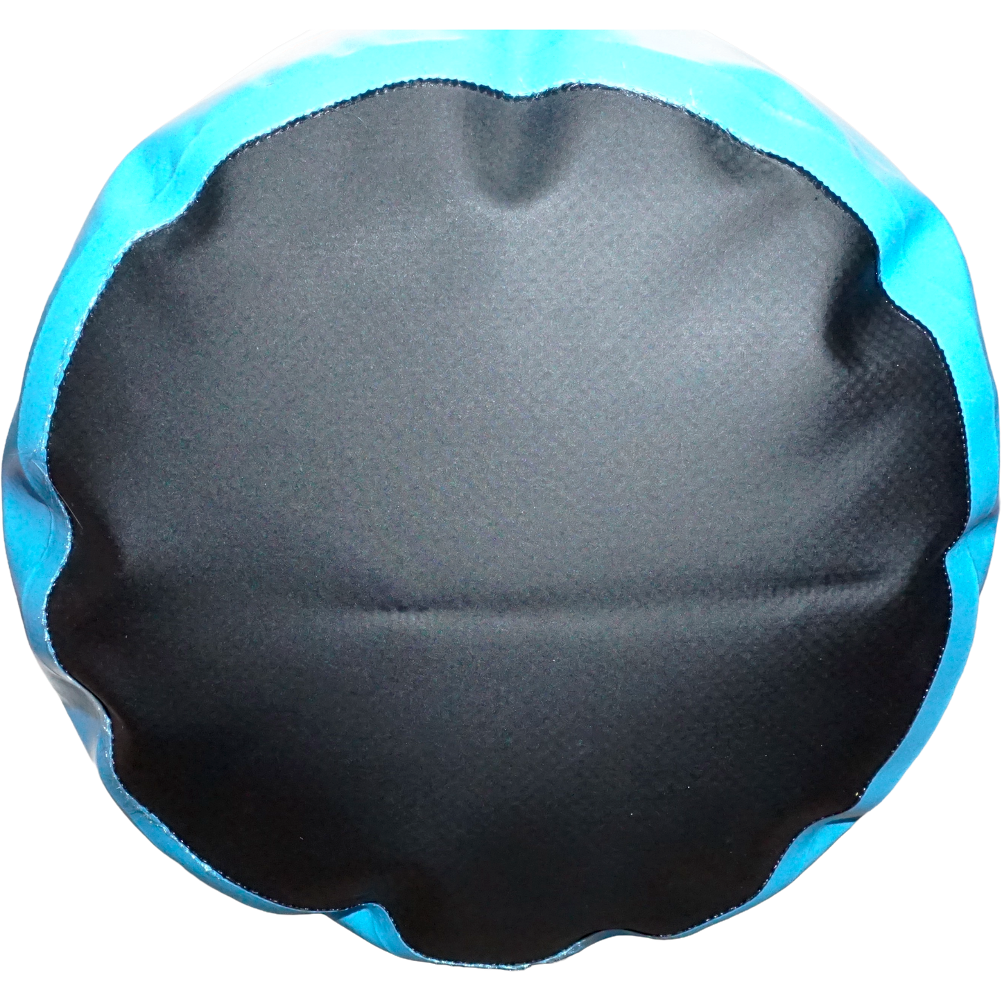 Bottom view of DV Outdoors 10L waterproof dry bag showing reinforced circular base.
