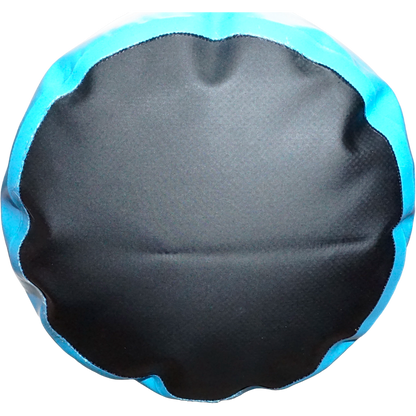 Bottom view of DV Outdoors 10L waterproof dry bag showing reinforced circular base.
