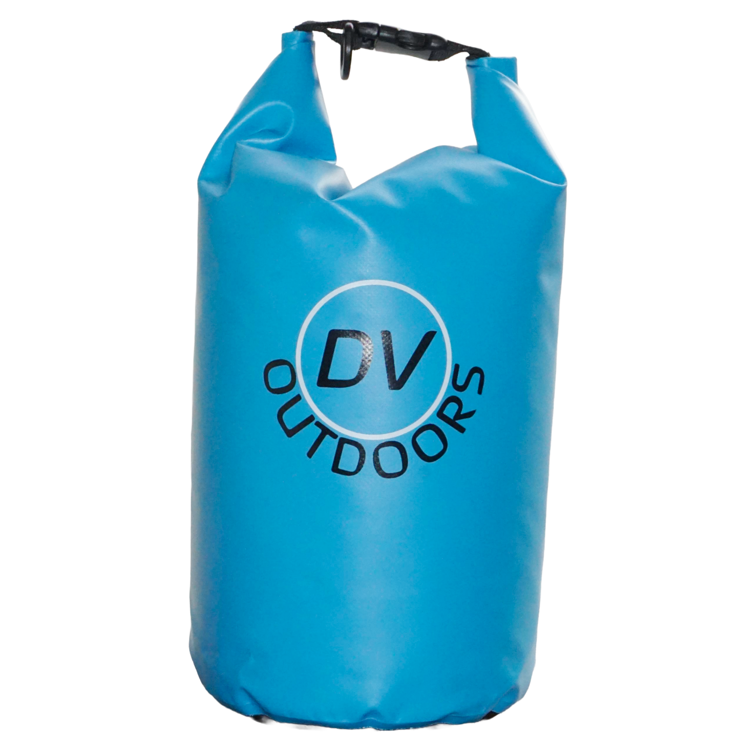 DV Outdoors 10L waterproof dry bag with roll-top closure and carrying strap.
