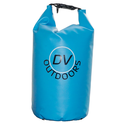 DV Outdoors 10L waterproof dry bag with roll-top closure and carrying strap.
